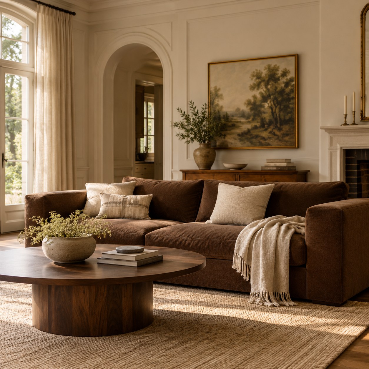 Ein niedriges Sofa und ein Holztisch in einem ruhigen Wohnzimmer