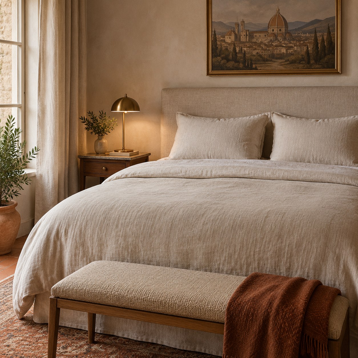 Ein gemachtes Bett mit Leinen und einer Messing-Leseleuchte