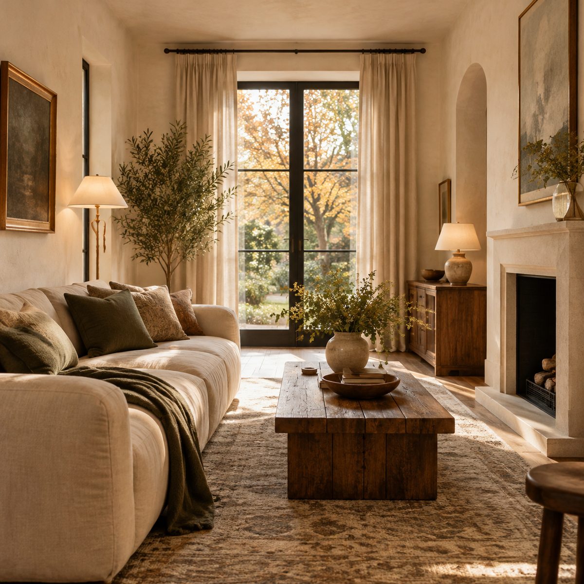 Ein niedriges Sofa und ein Holztisch
