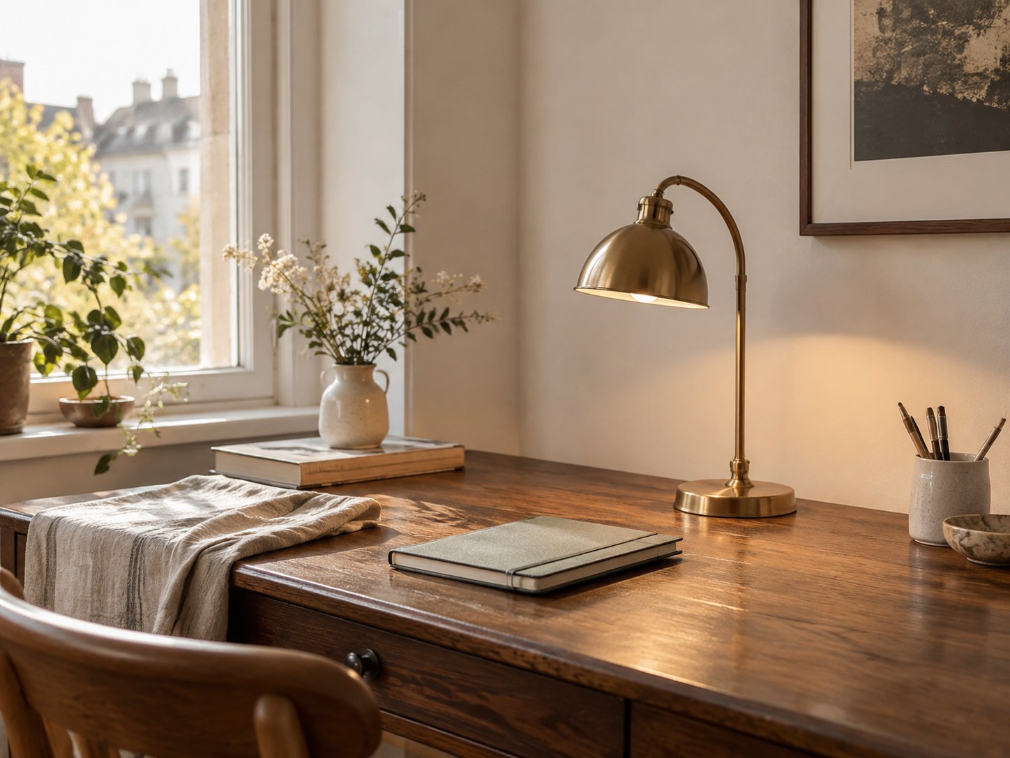 A complete brass desk lamp beside a notebook