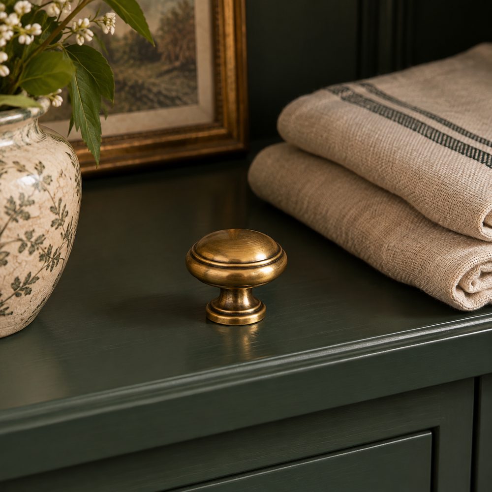 A brass lamp and linen on an ivory table