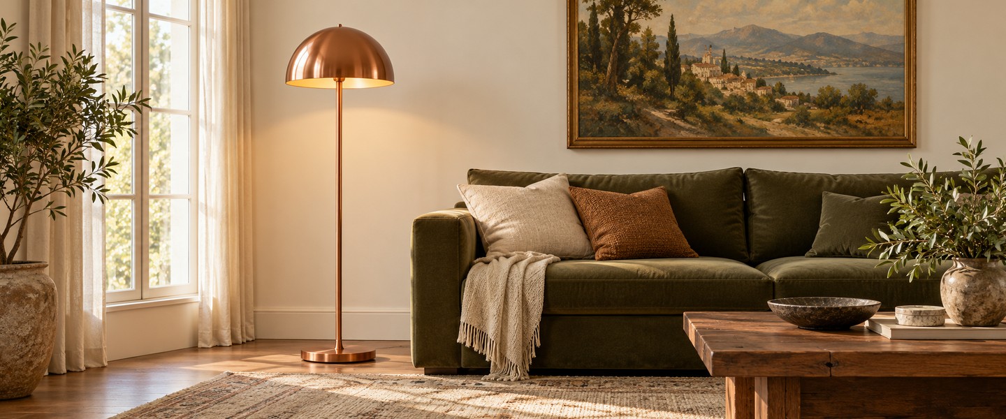 A complete copper floor lamp, shade to base, in a living room