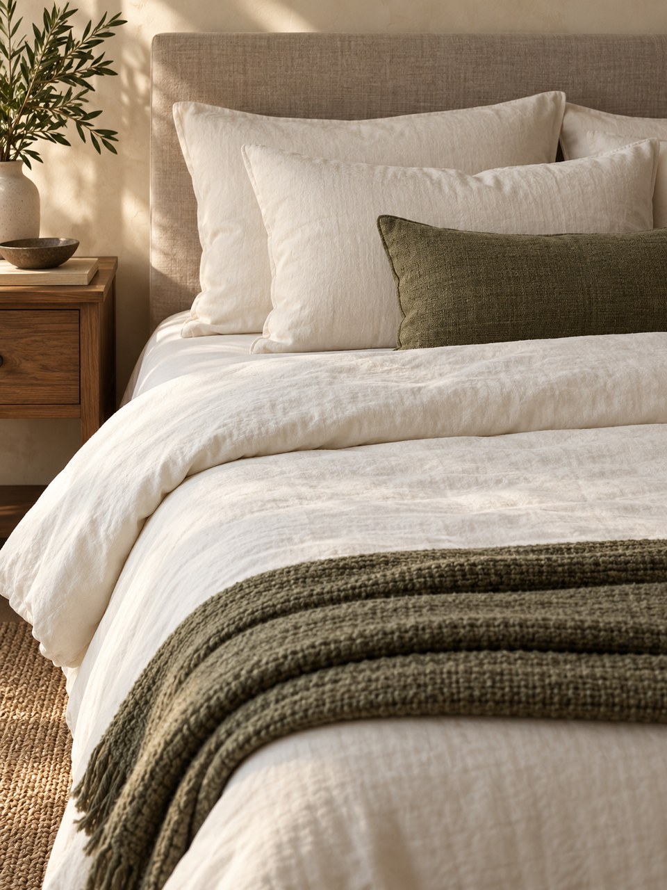 Ivory linen bedding with an olive throw