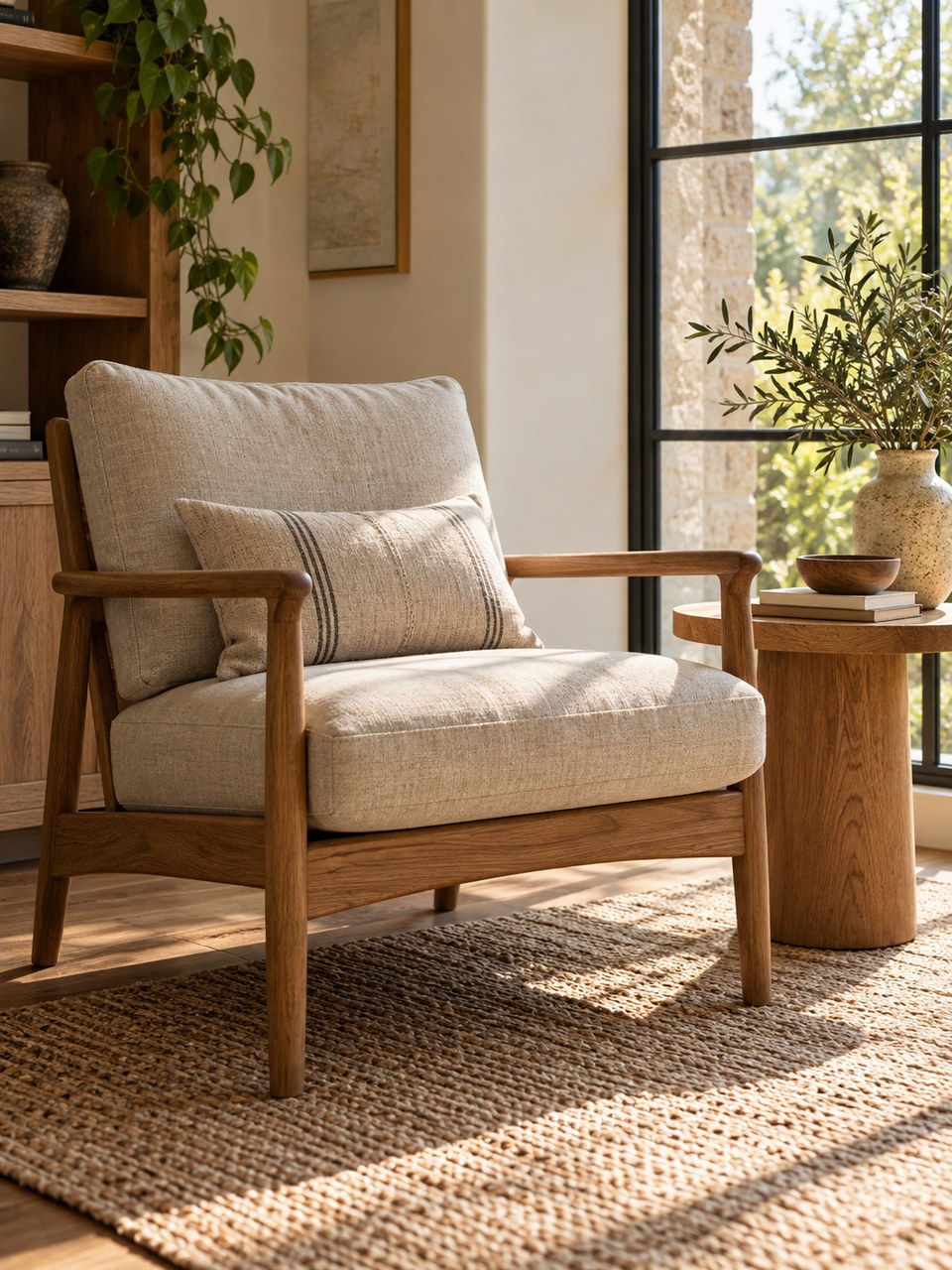 A wooden armchair and side table by a window