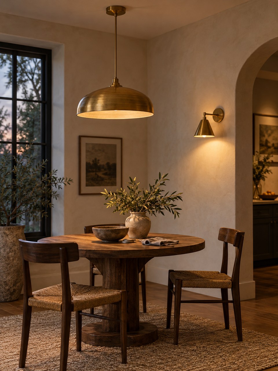 A brass pendant and wall sconce in a dining nook
