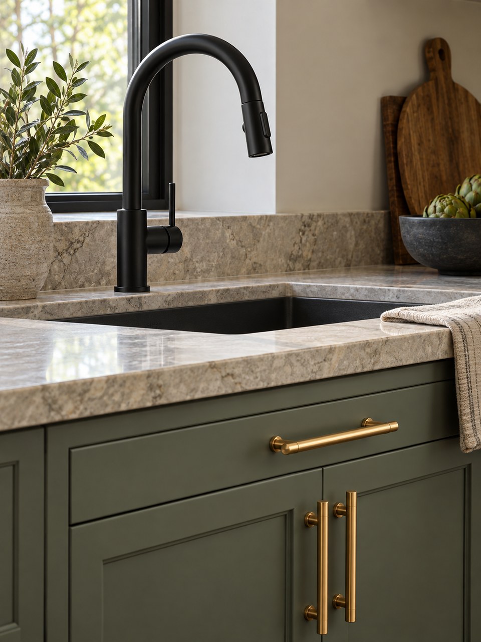 A black faucet and brass cabinet pulls
