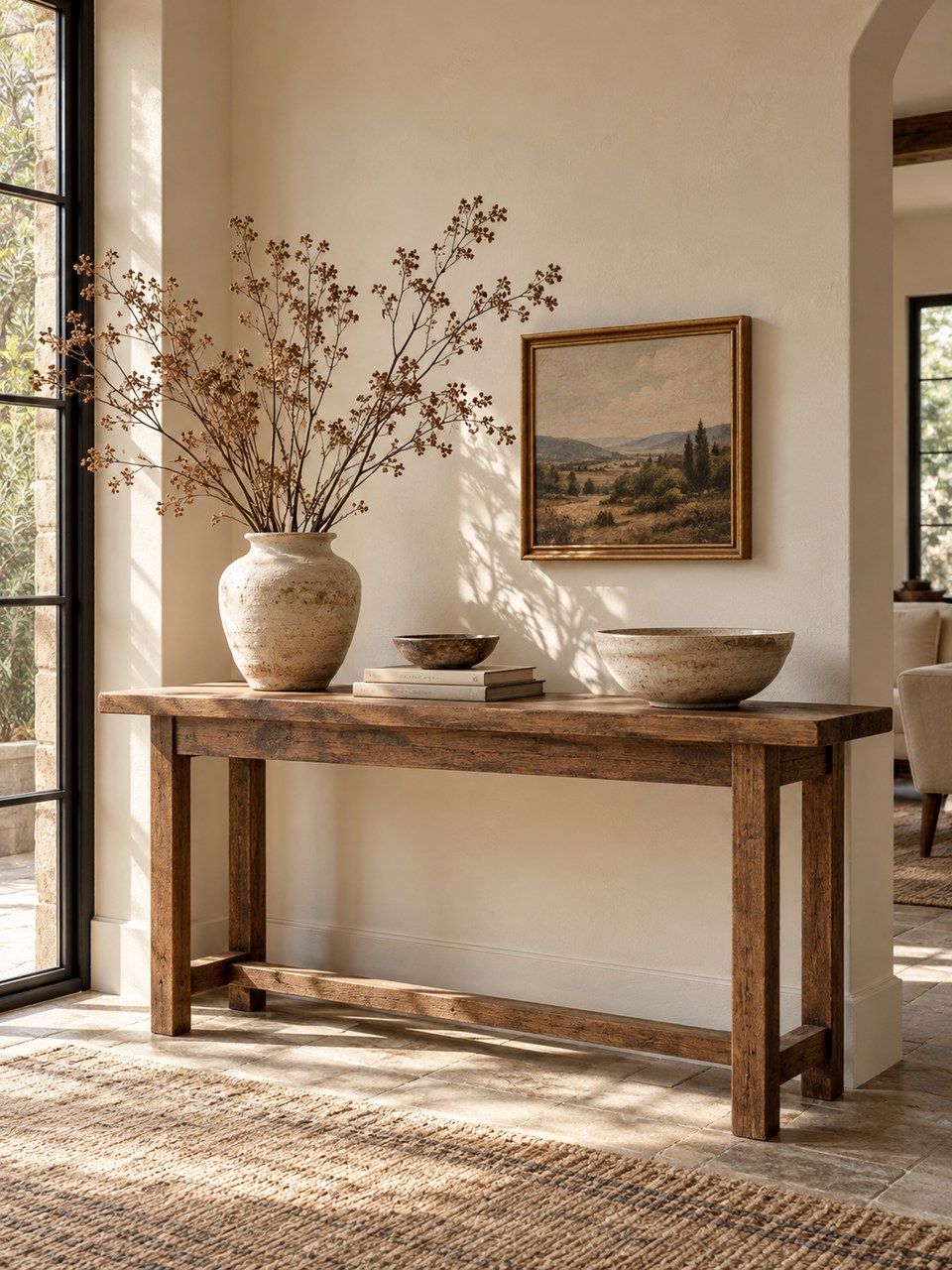 Ceramics and a framed landscape on a console