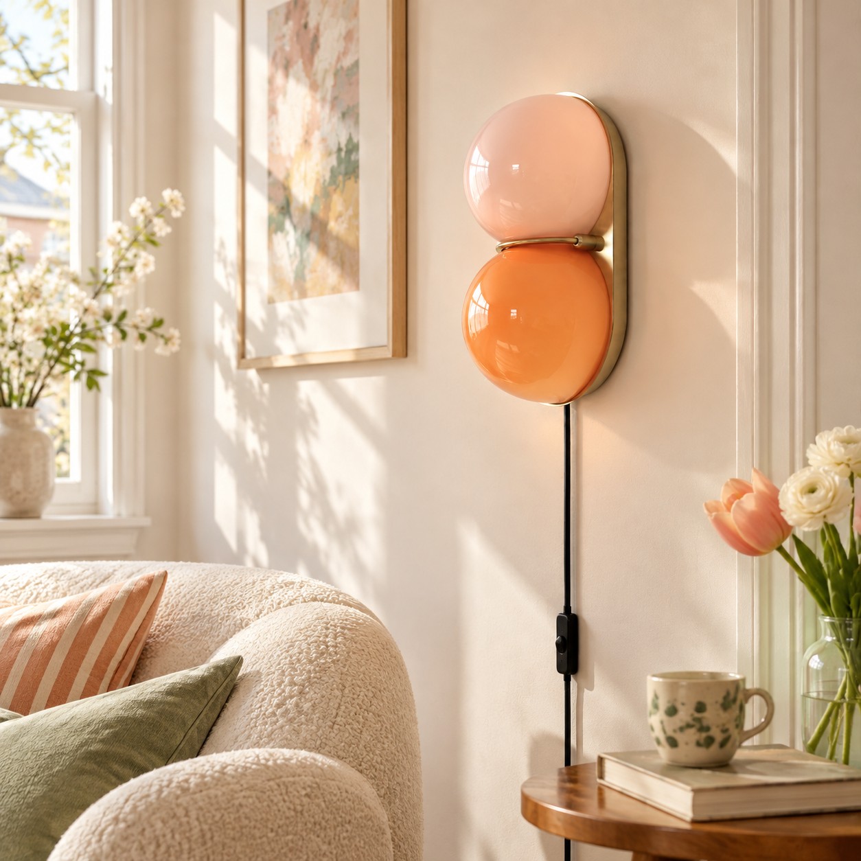 Two globe glass wall sconce with the plug-in cord