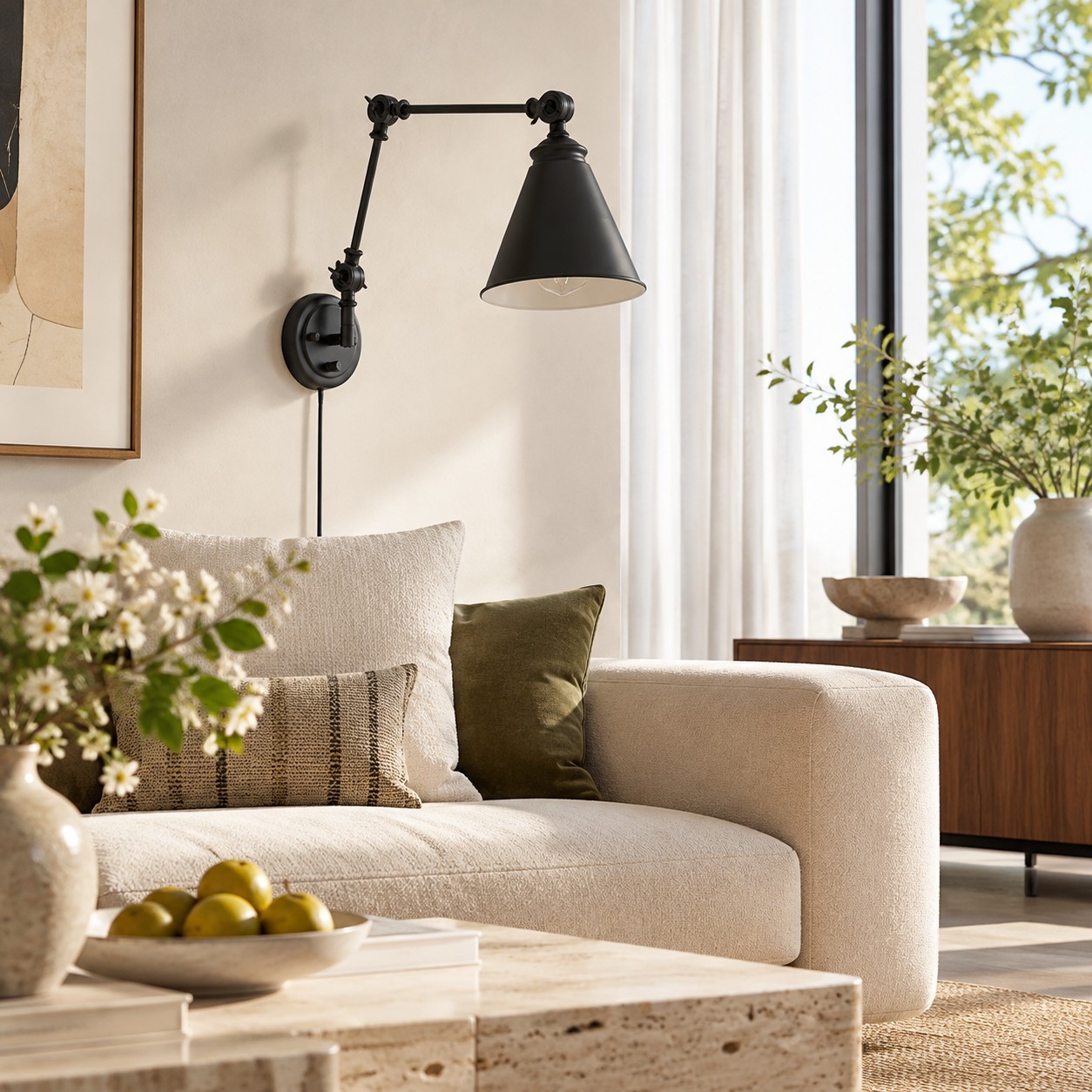Black swing-arm sconce above a sofa in daylight
