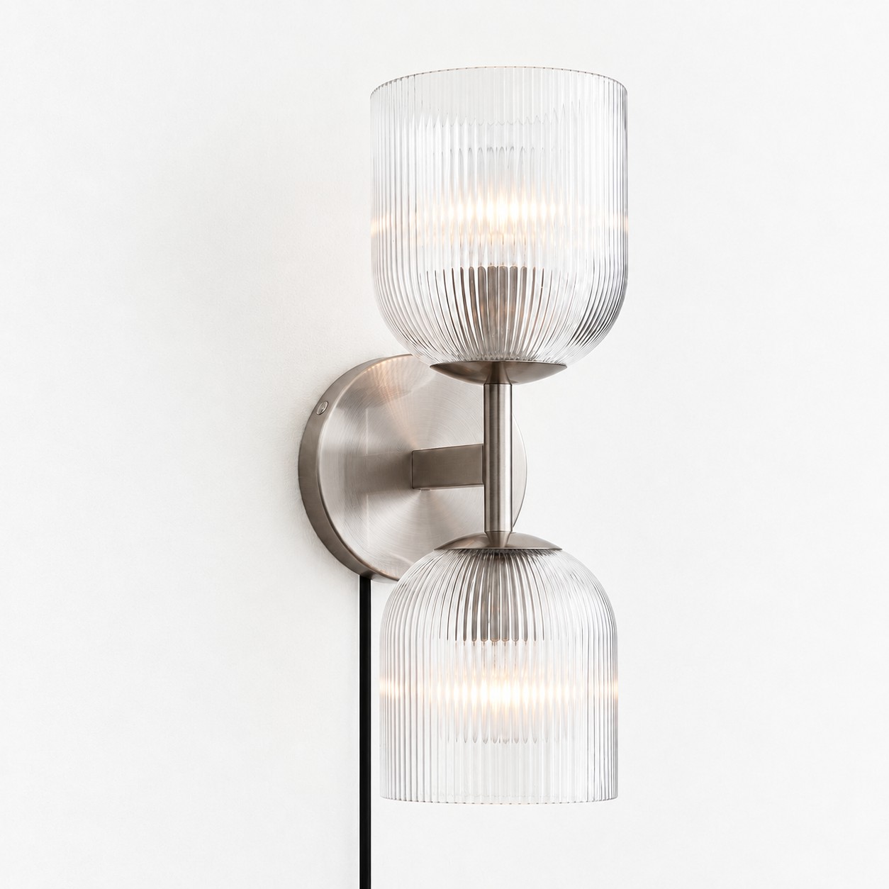 Chrome ribbed-glass wall sconce, two lights