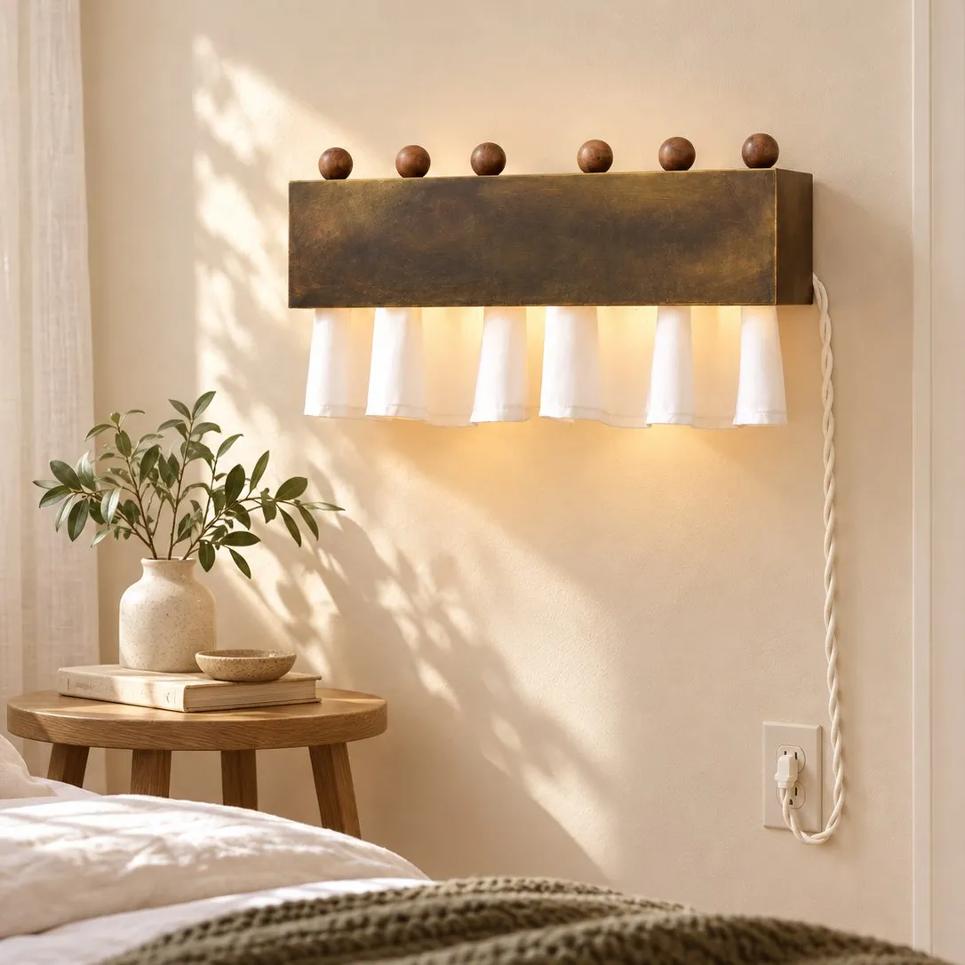 Dark antique bronze plug-cord curtain wall lamp in a bright bedroom